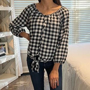 Buffalo Plaid Tie Front Blouse, Size S